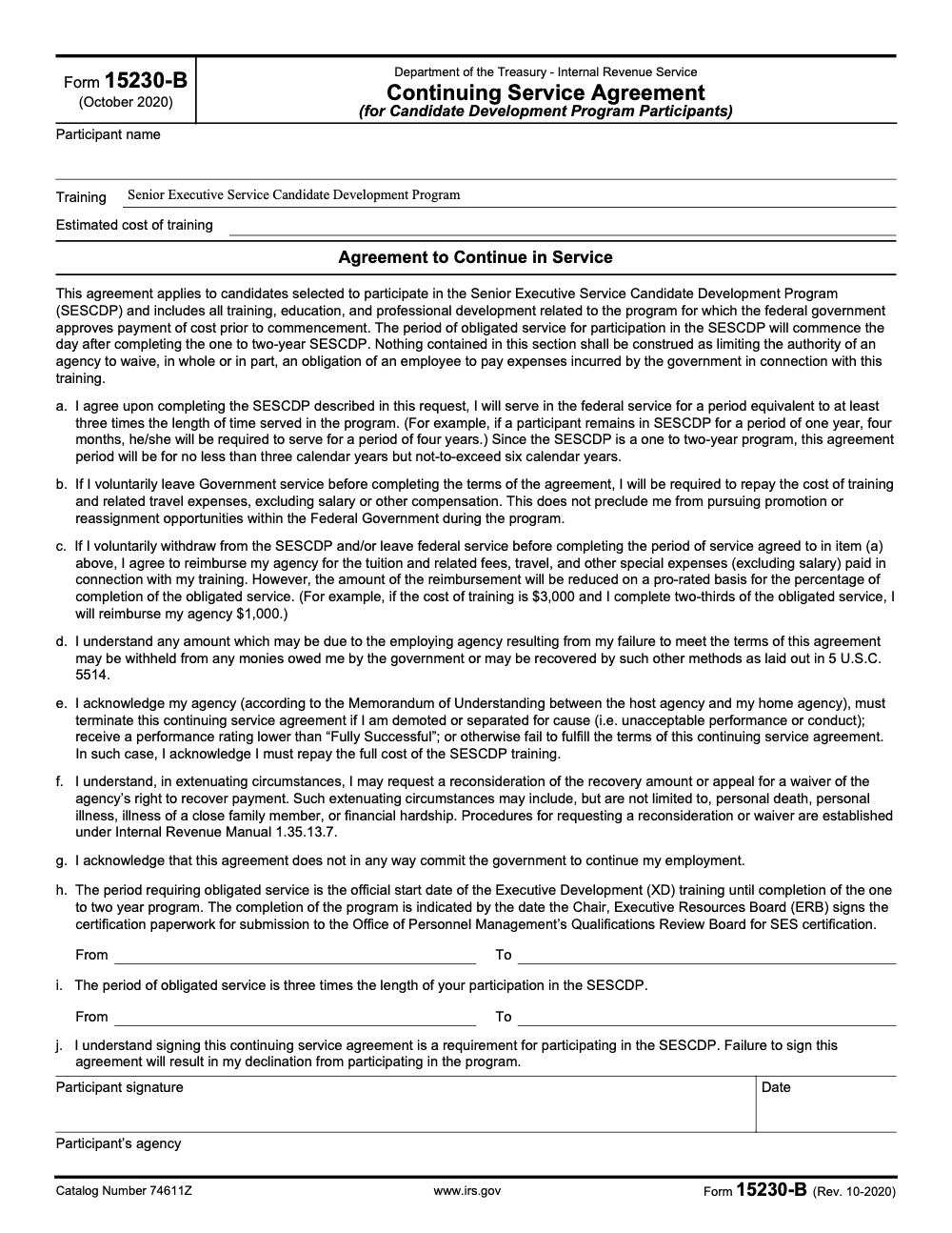 Page 1 of 1 of the official IRS Form 15230-B PDF (Rev. October 2020)