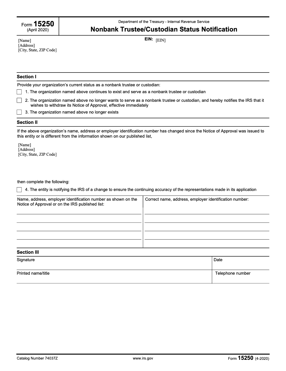Page 1 of 1 of the official IRS IRS Form 15250 PDF (April 2020 edition)