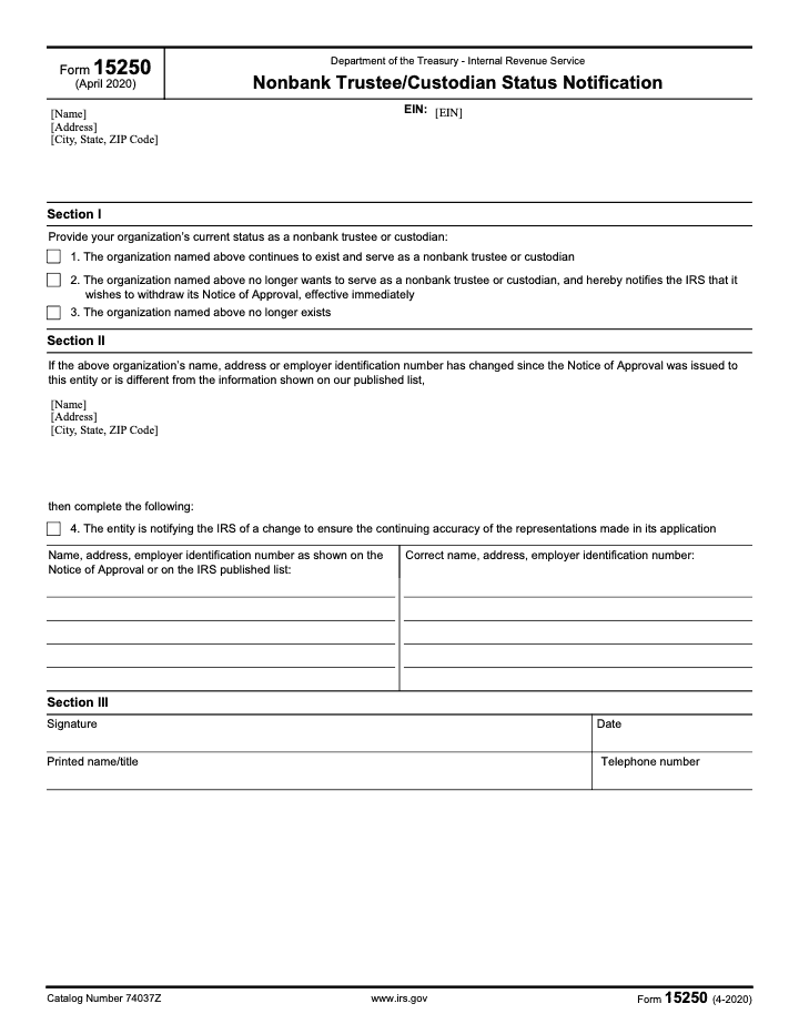 Page 1 of 1 of the official IRS IRS Form 15250 PDF (April 2020 edition)