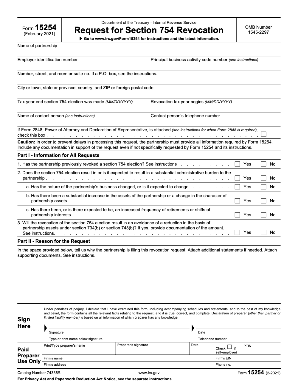 Page 1 of 4 of the official IRS Form 15254 PDF (February 2021 edition): Parts I, II