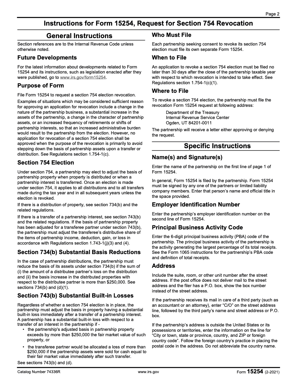 Page 2 of 4 of the official IRS Form 15254 PDF (February 2021 edition): instructions