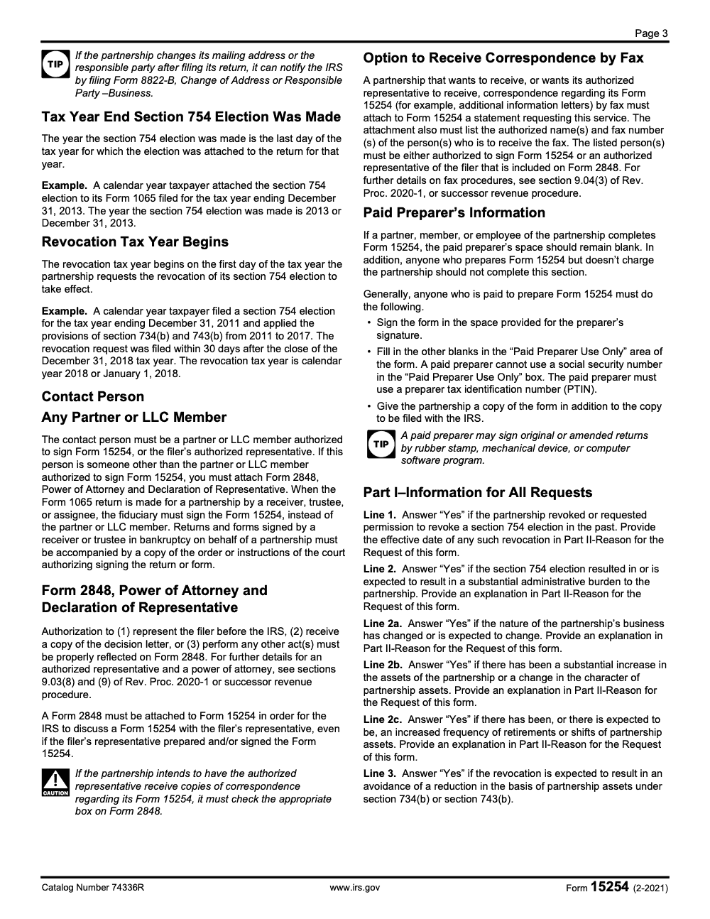 Page 3 of 4 of the official IRS Form 15254 PDF (February 2021 edition)