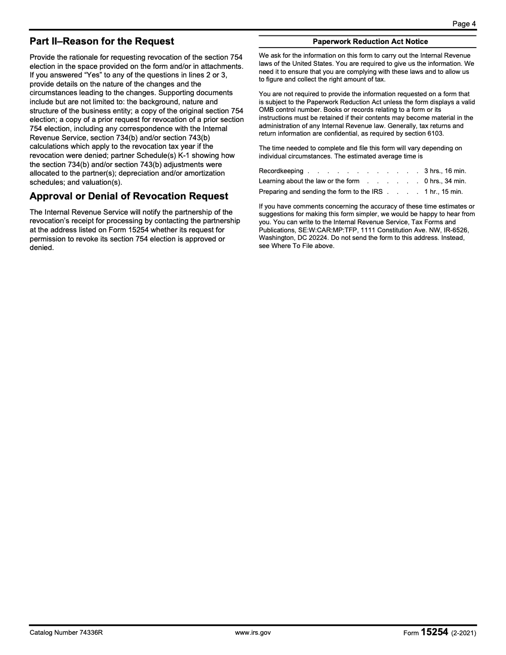 Page 4 of 4 of the official IRS Form 15254 PDF (February 2021 edition): Part II
