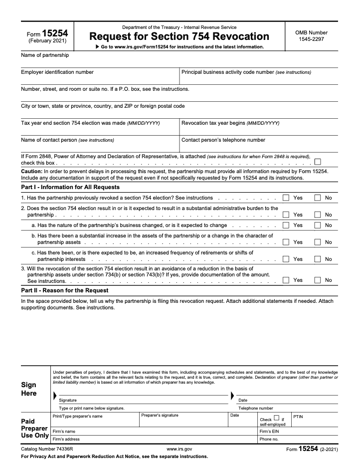 Page 1 of 4 of the official IRS Form 15254 PDF (February 2021 edition): Parts I, II