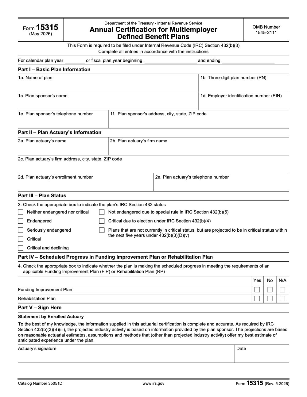 Page 1 of 4 of the official IRS IRS Form 15315 PDF (Rev. May 2026): Parts I, II, III, IV, V