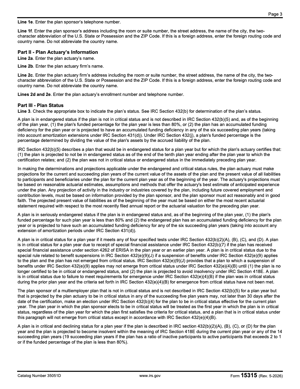 Page 3 of 4 of the official IRS IRS Form 15315 PDF (Rev. May 2026): Parts II, III
