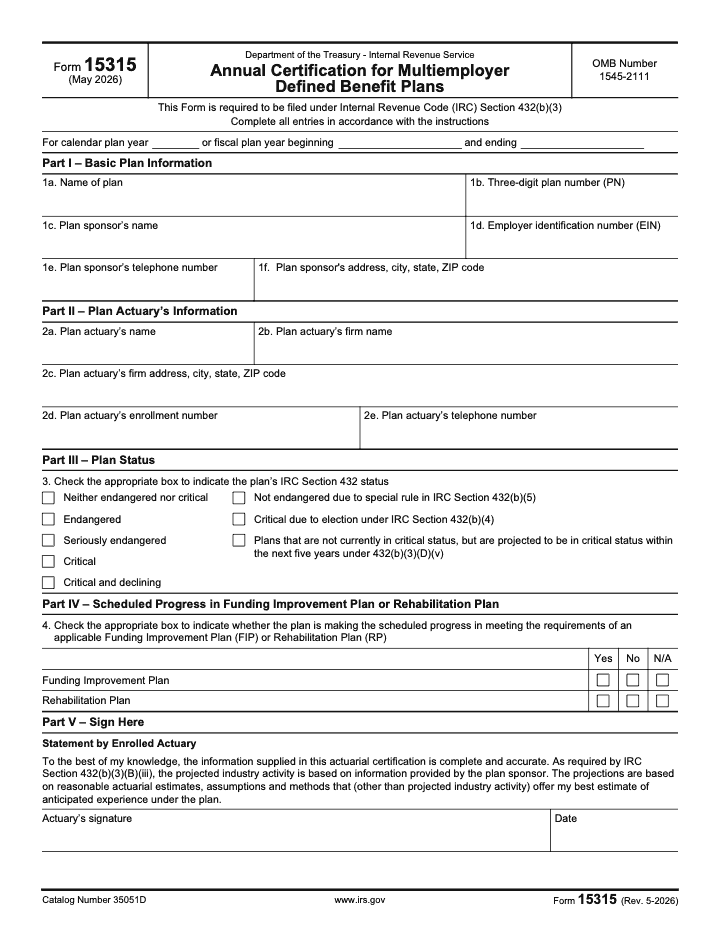 Page 1 of 4 of the official IRS IRS Form 15315 PDF (Rev. May 2026): Parts I, II, III, IV, V