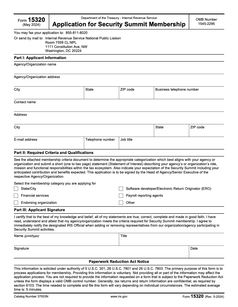 Page 1 of 1 of the official IRS IRS Form 15320 PDF (Rev. May 2024): Parts I, II, III