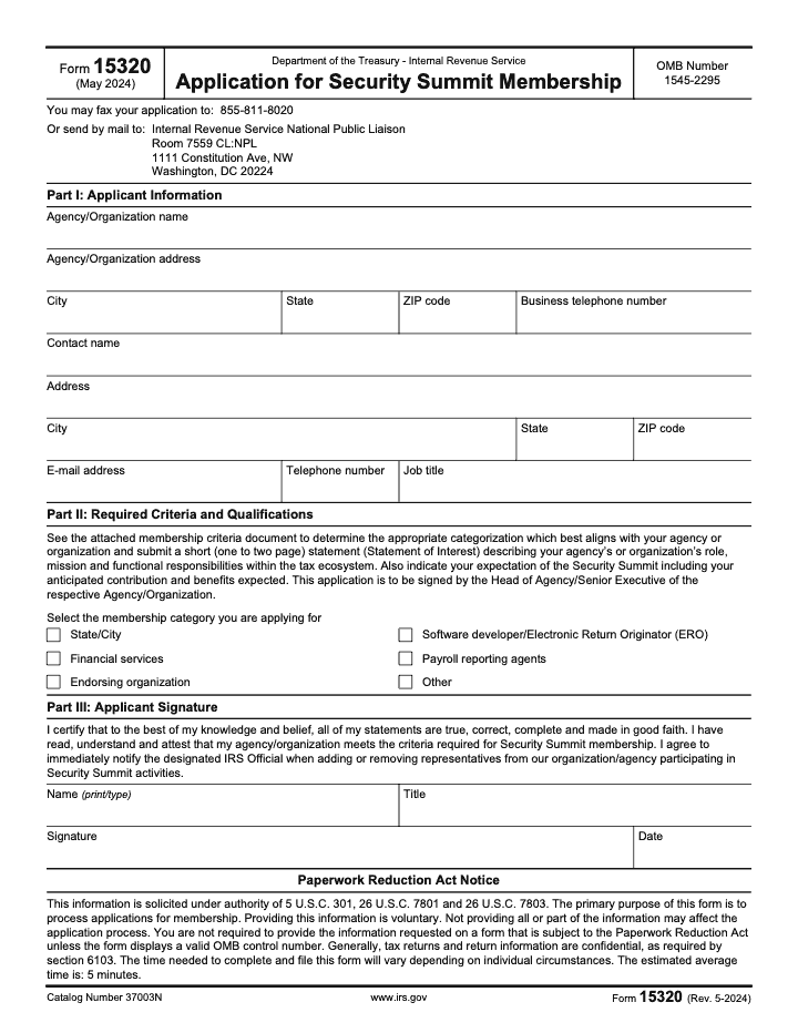 Page 1 of 1 of the official IRS IRS Form 15320 PDF (Rev. May 2024): Parts I, II, III