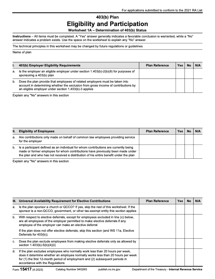 Page 1 of 2 of the official IRS Form 15417 PDF (April 2023 edition)