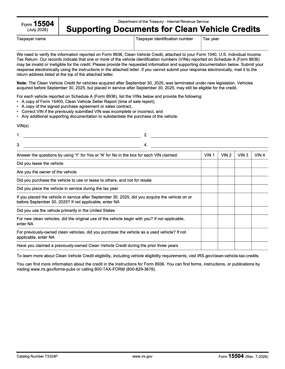 Page 1 of 1 of the official IRS Form 15504 PDF (Rev. July 2026)