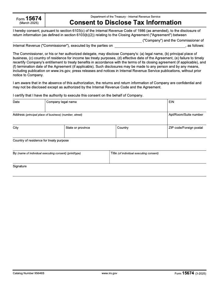 Page 1 of 1 of the official IRS Form 15674 PDF (March 2025 edition)