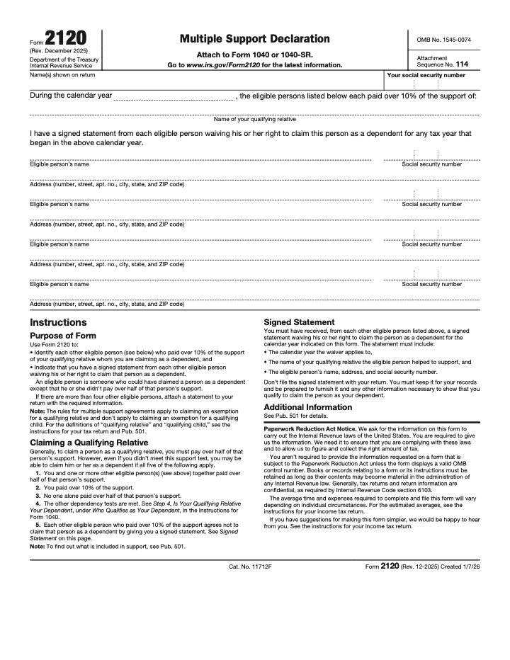 Page 1 of 1 of the official IRS Form 2120 PDF (Rev. December 2025)