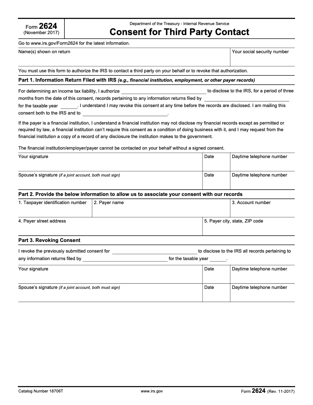 Page 1 of 2 of the official IRS Form 2624 PDF (Rev. November 2017): Parts 1, 2, 3