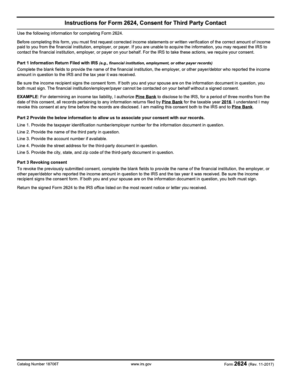 Page 2 of 2 of the official IRS Form 2624 PDF (Rev. November 2017): Parts 1, 2, 3