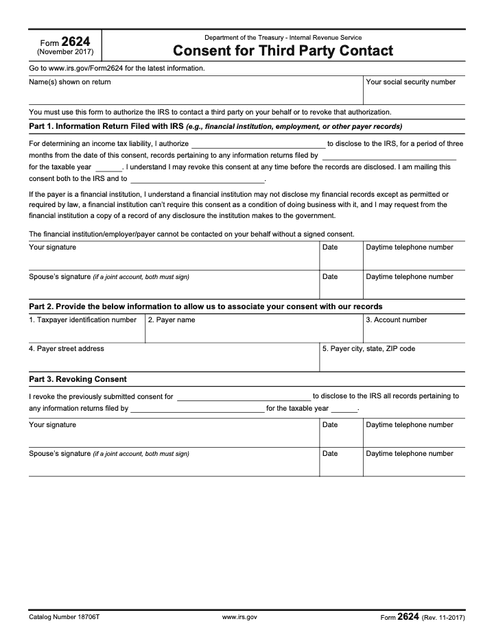 Page 1 of 2 of the official IRS Form 2624 PDF (Rev. November 2017): Parts 1, 2, 3