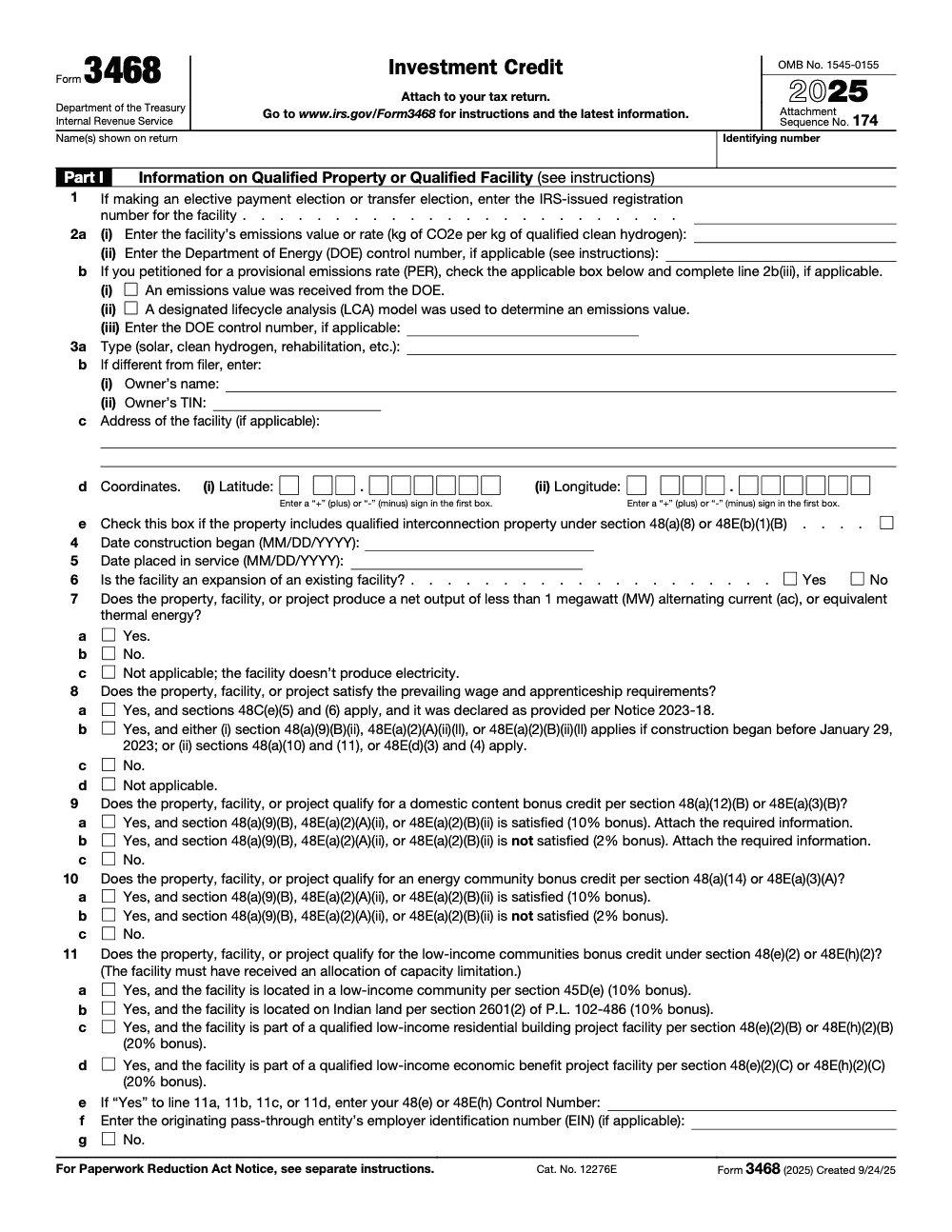 Page 1 of 12 of the official IRS Form 3468 PDF (2025 edition): Part I