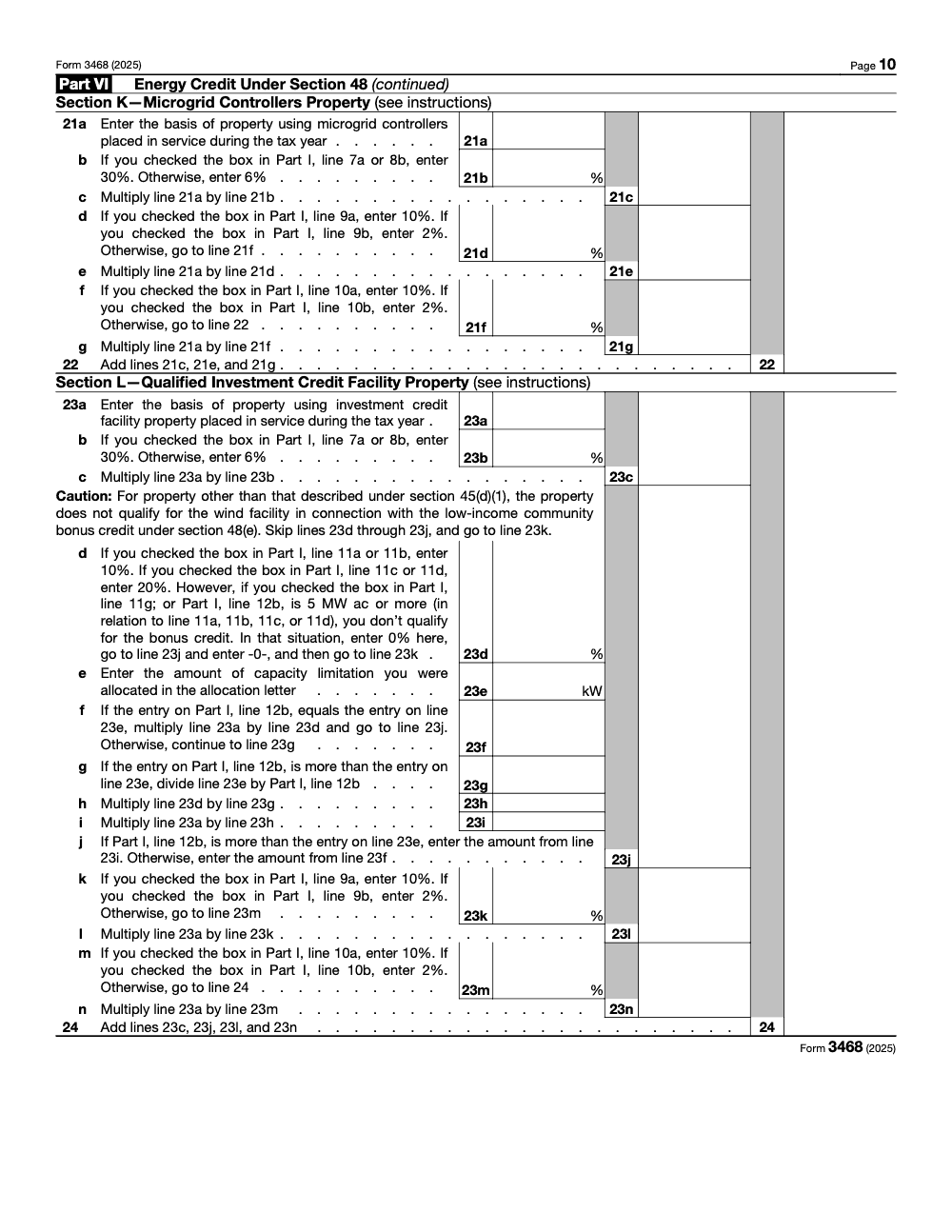 Page 10 of 12 of the official IRS Form 3468 PDF (2025 edition): Parts VI, I