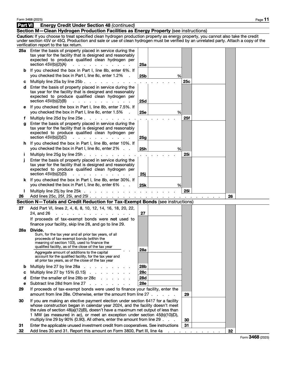 Page 11 of 12 of the official IRS Form 3468 PDF (2025 edition): Parts VI, I