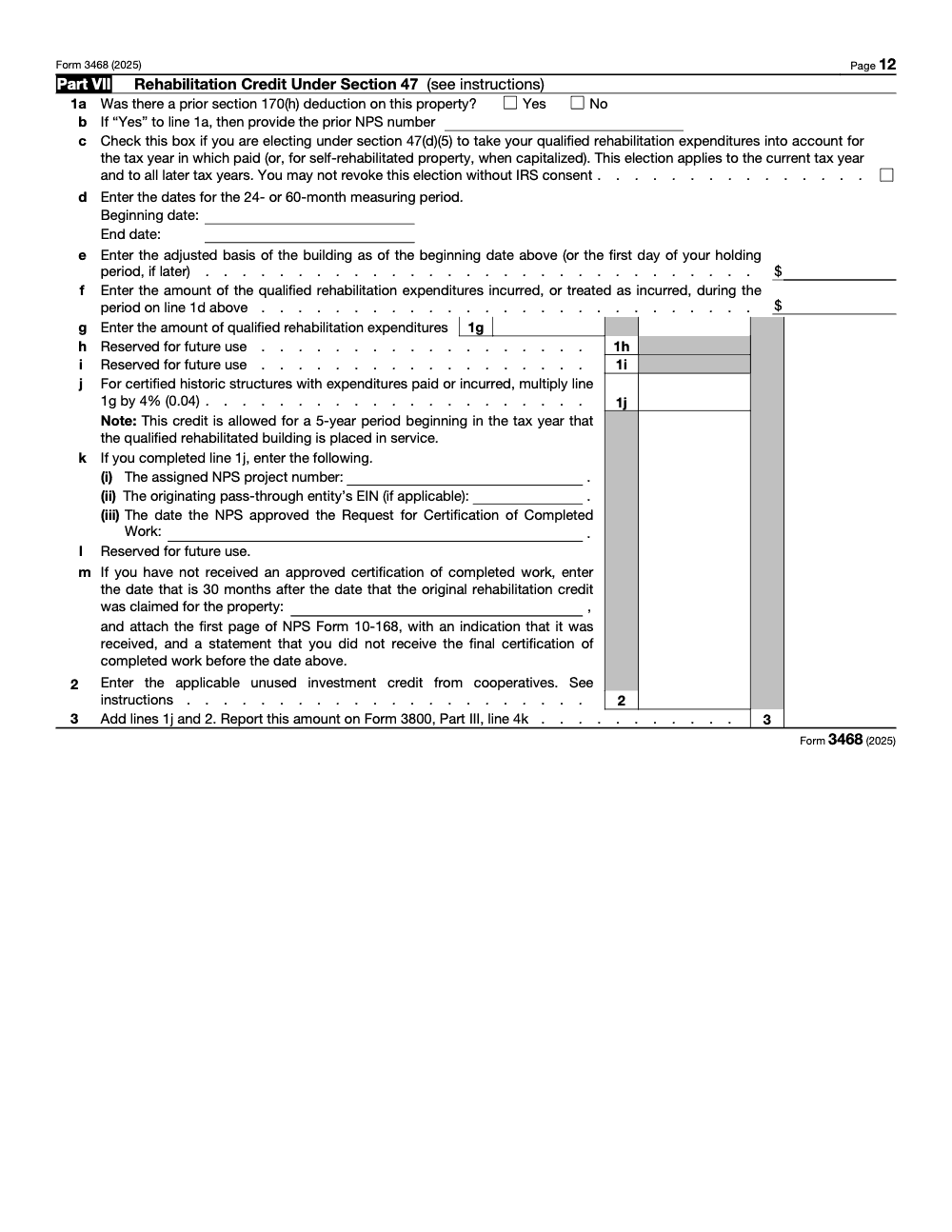 Page 12 of 12 of the official IRS Form 3468 PDF (2025 edition): Parts VII, III