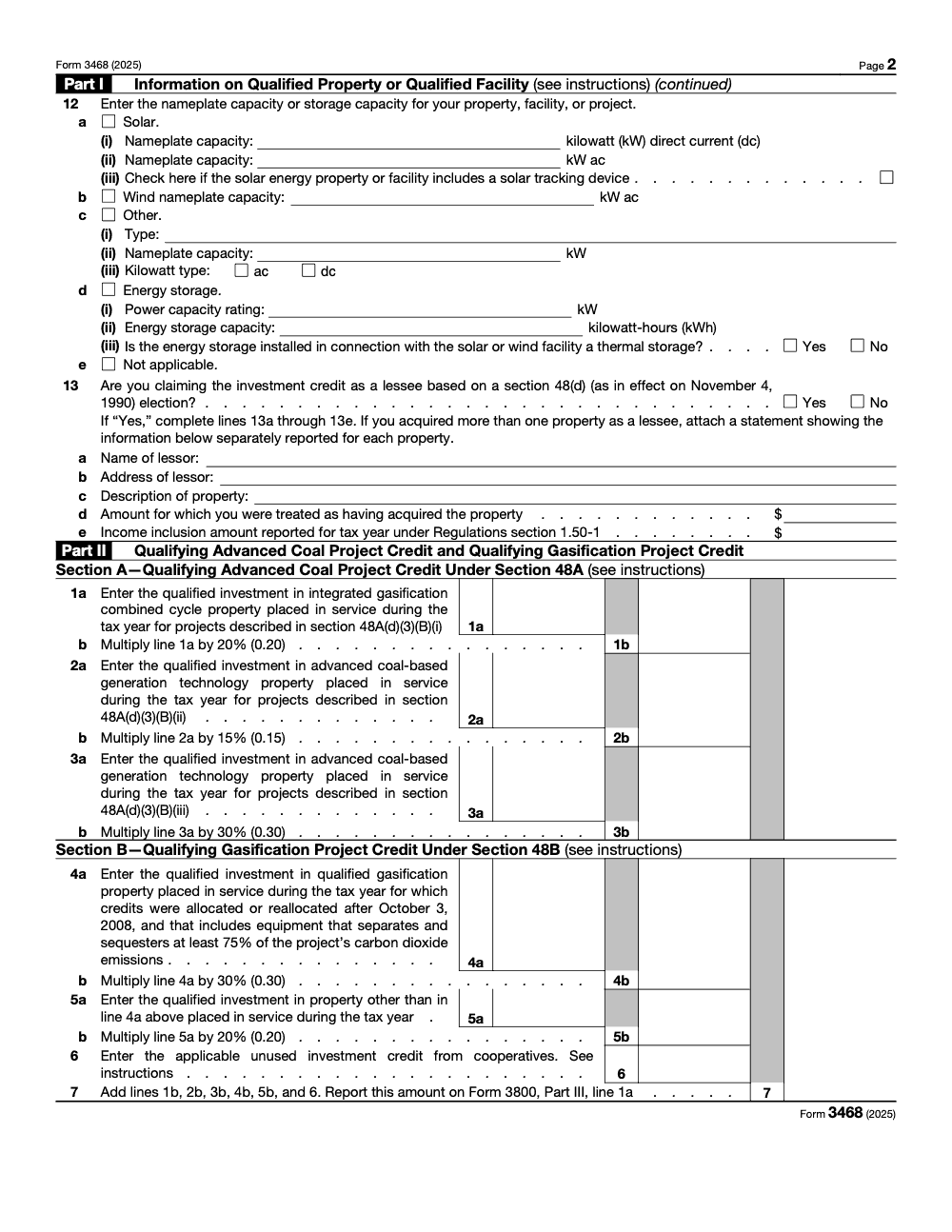 Page 2 of 12 of the official IRS Form 3468 PDF (2025 edition): Parts I, II