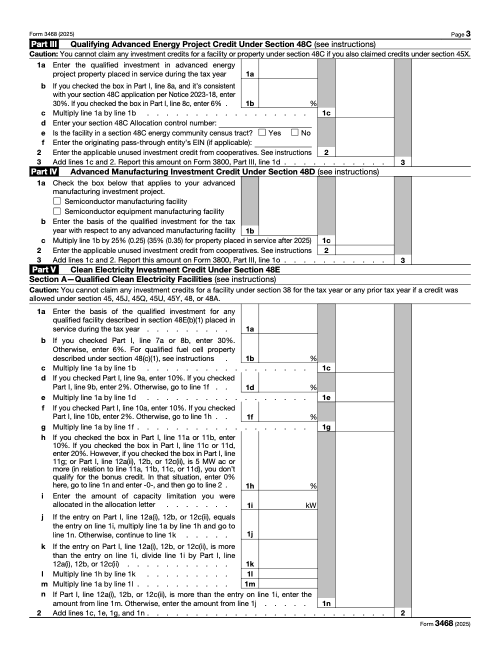 Page 3 of 12 of the official IRS Form 3468 PDF (2025 edition): Parts III, I, IV, V