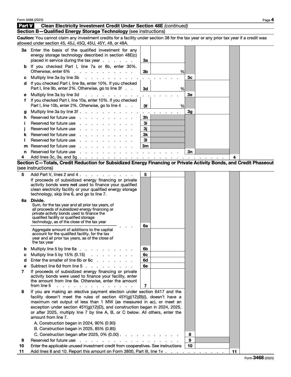 Page 4 of 12 of the official IRS Form 3468 PDF (2025 edition): Parts V, I