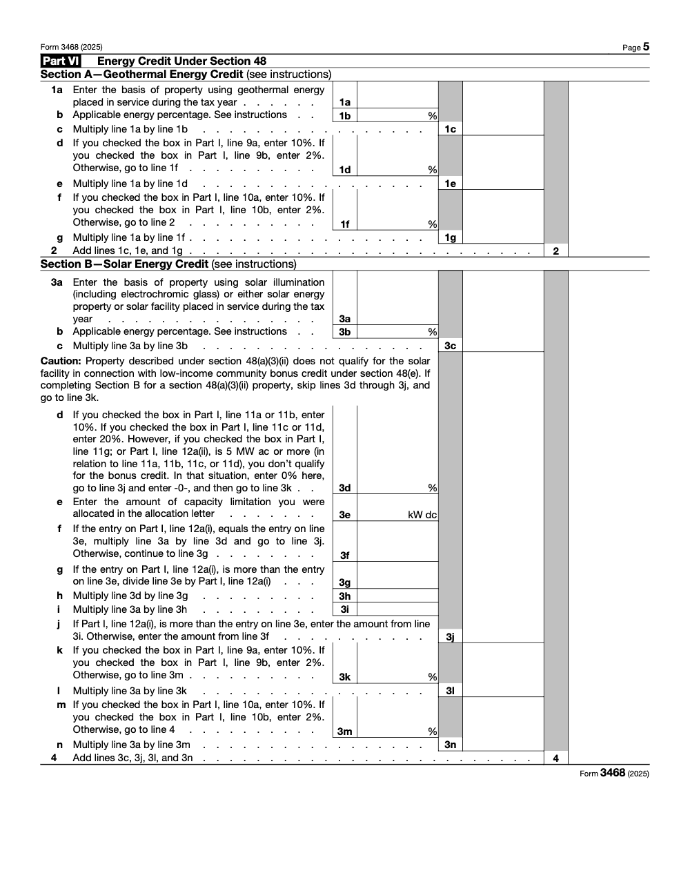 Page 5 of 12 of the official IRS Form 3468 PDF (2025 edition): Parts VI, I