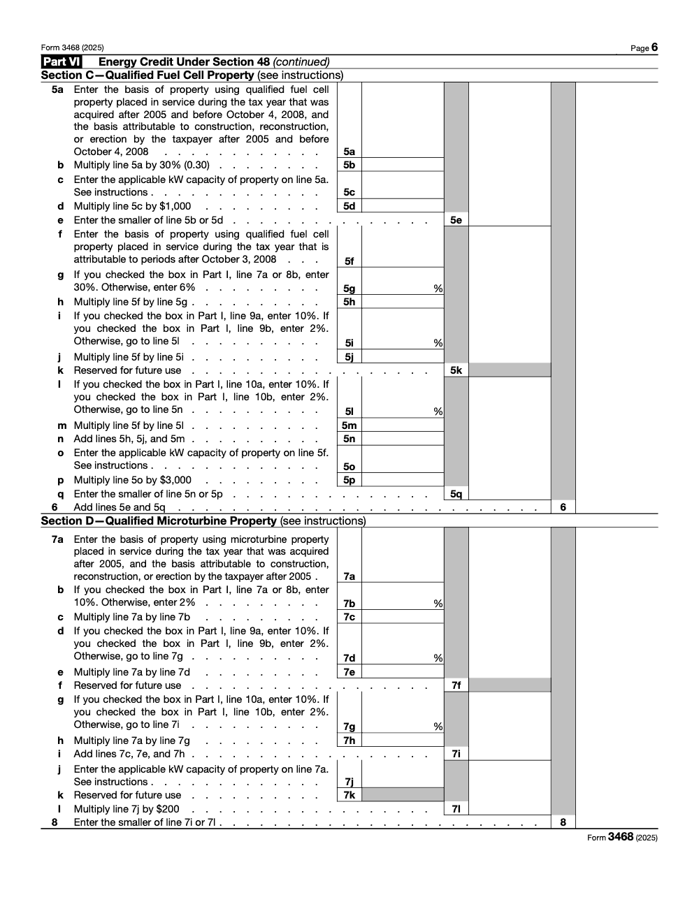 Page 6 of 12 of the official IRS Form 3468 PDF (2025 edition): Parts VI, I