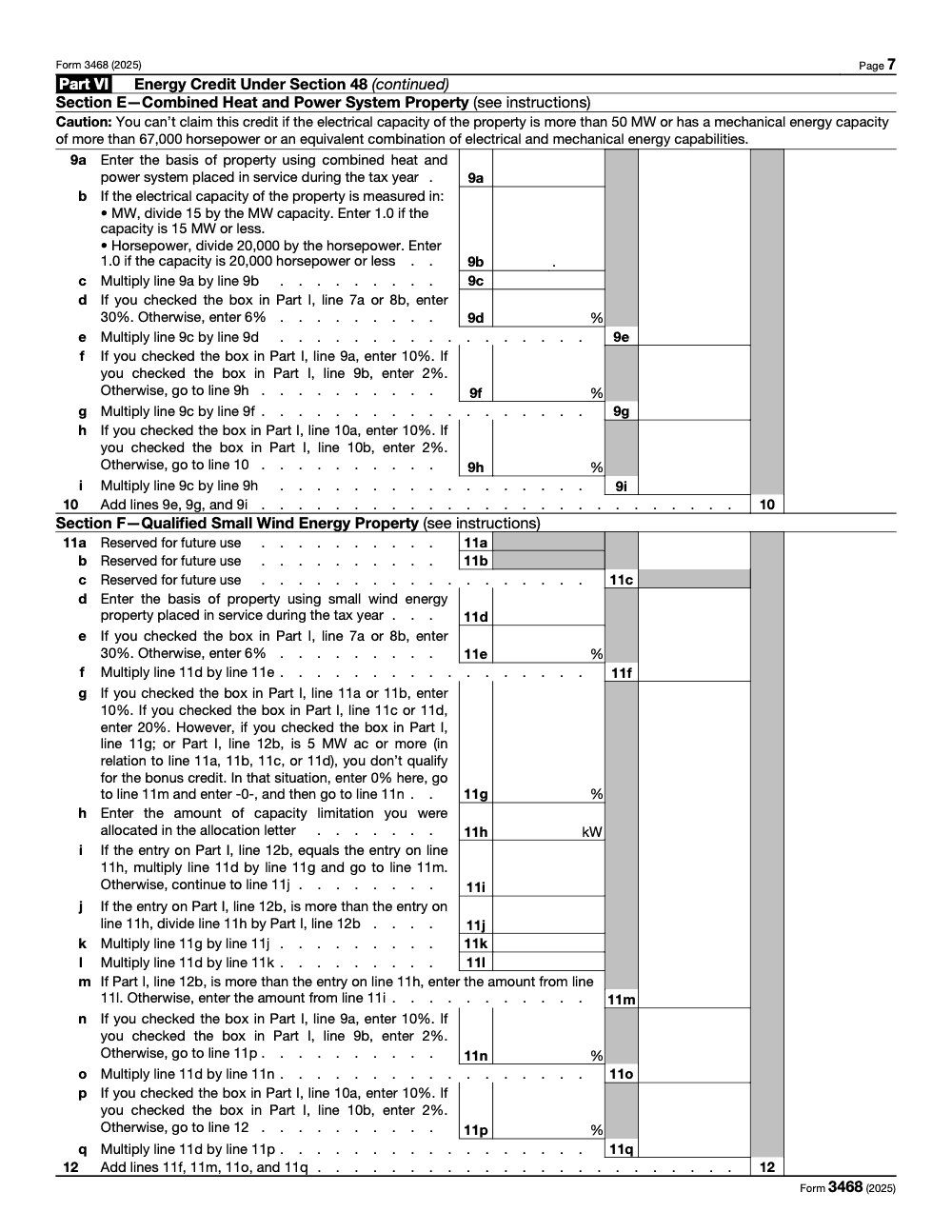Page 7 of 12 of the official IRS Form 3468 PDF (2025 edition): Parts VI, I