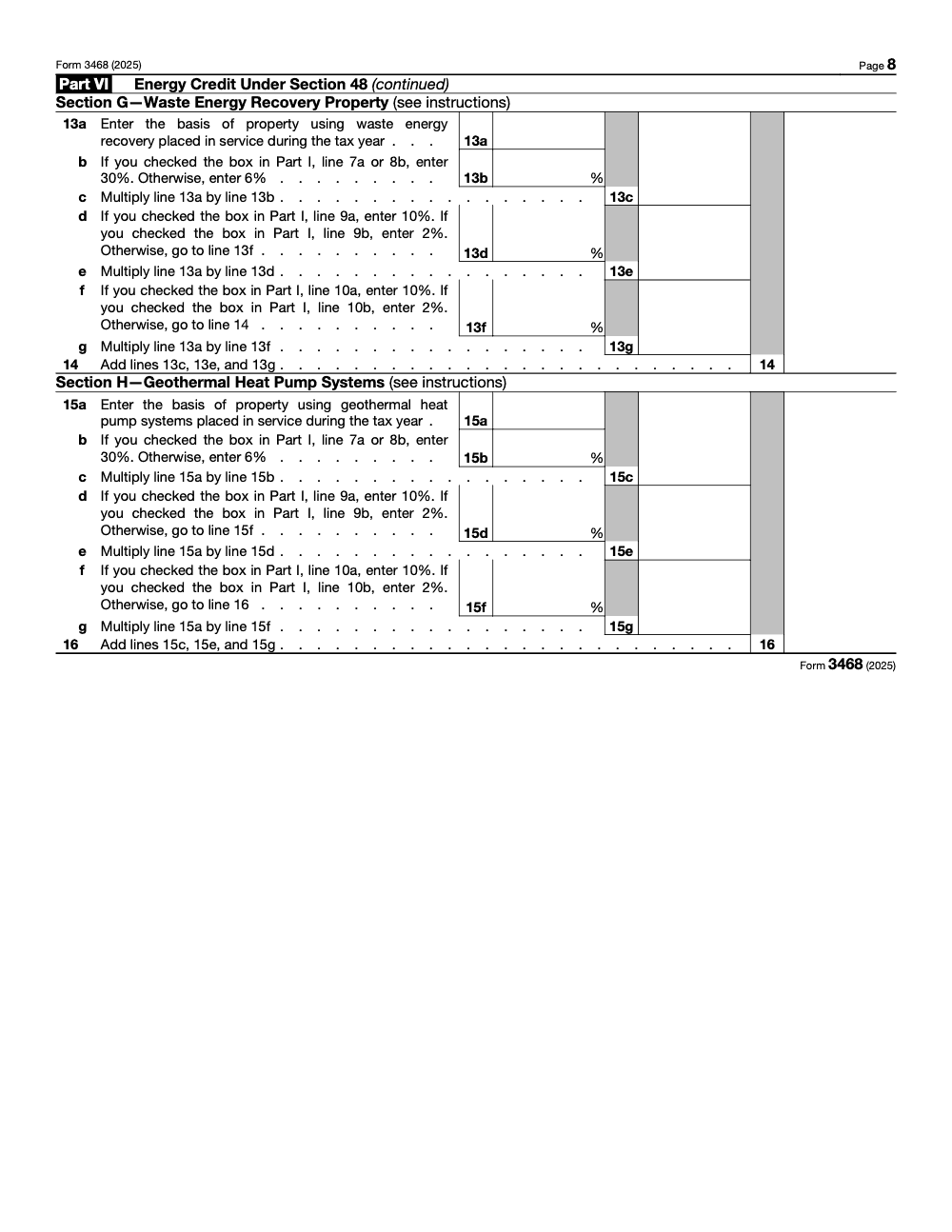 Page 8 of 12 of the official IRS Form 3468 PDF (2025 edition): Parts VI, I