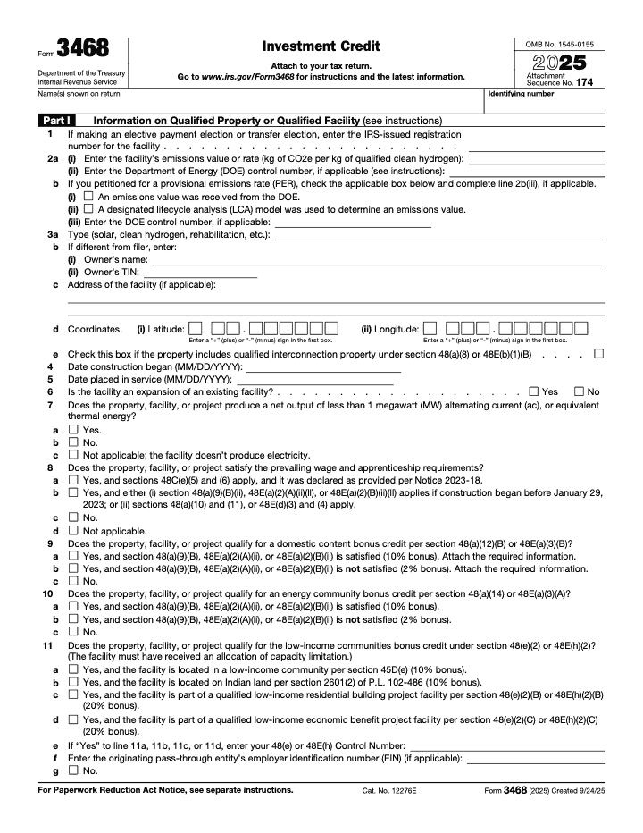 Page 1 of 12 of the official IRS Form 3468 PDF (2025 edition): Part I