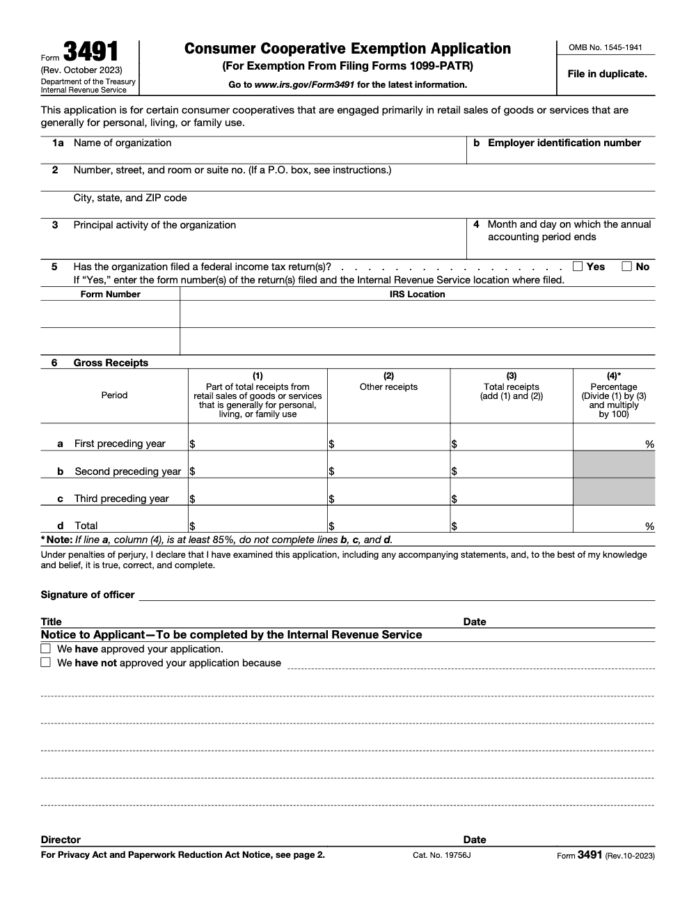 Page 1 of 2 of the official IRS Form 3491 PDF (Rev. October 2023)