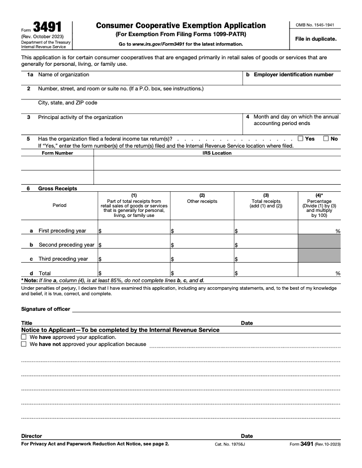 Page 1 of 2 of the official IRS Form 3491 PDF (Rev. October 2023)