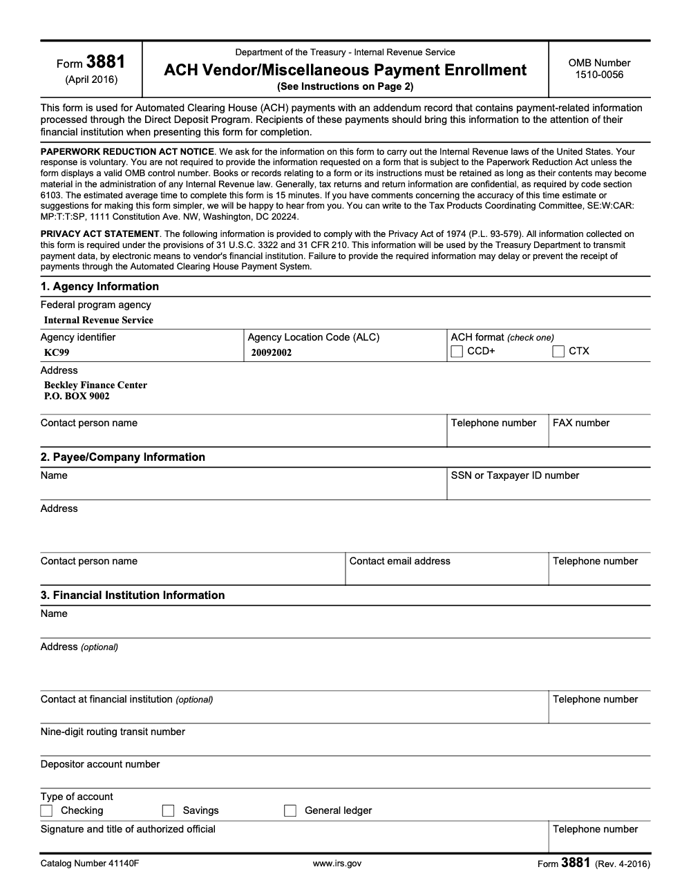Page 1 of 2 of the official IRS Form 3881 PDF (Rev. April 2016)
