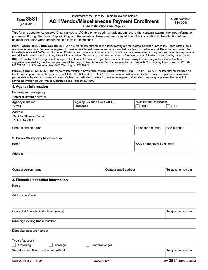 Page 1 of 2 of the official IRS Form 3881 PDF (Rev. April 2016)