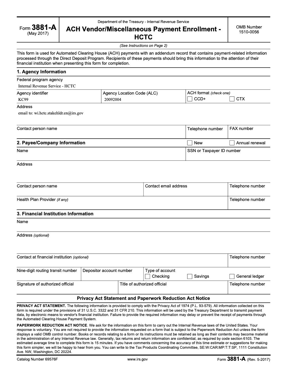 Page 1 of 2 of the official IRS Form 3881-A PDF (Rev. May 2017)