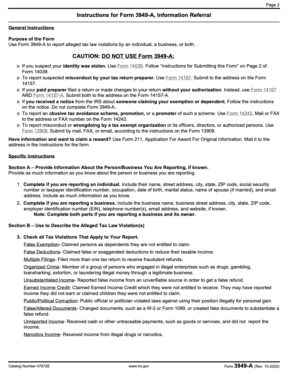 Page 2 of 3 of the official IRS Form 3949‑A PDF (Rev. October 2020): instructions