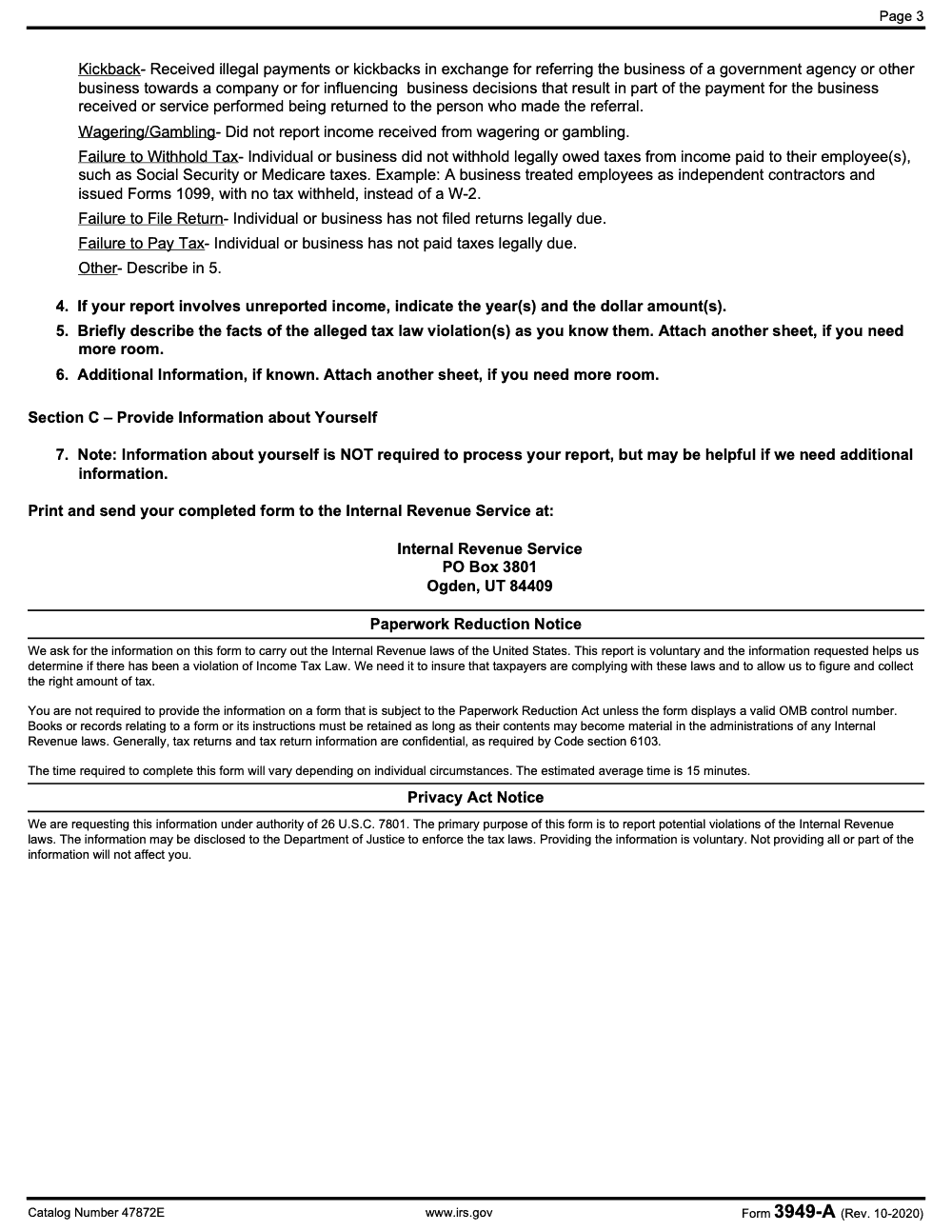 Page 3 of 3 of the official IRS Form 3949‑A PDF (Rev. October 2020)
