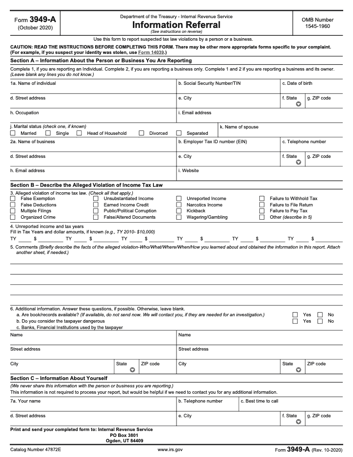 Page 1 of 3 of the official IRS Form 3949‑A PDF (Rev. October 2020)