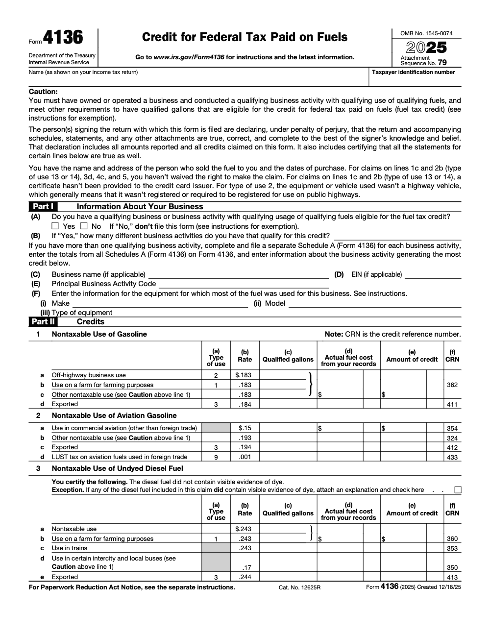 Page 1 of 4 of the official IRS Form 4136 PDF (2025 edition): Parts I, II