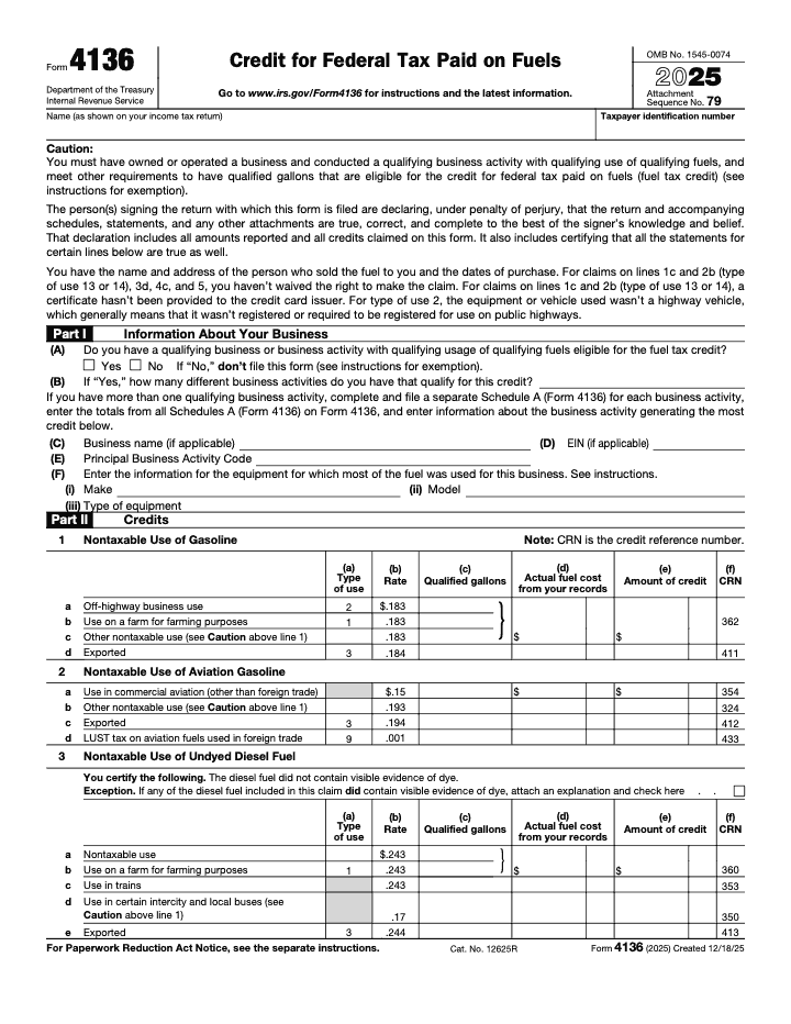 Page 1 of 4 of the official IRS Form 4136 PDF (2025 edition): Parts I, II