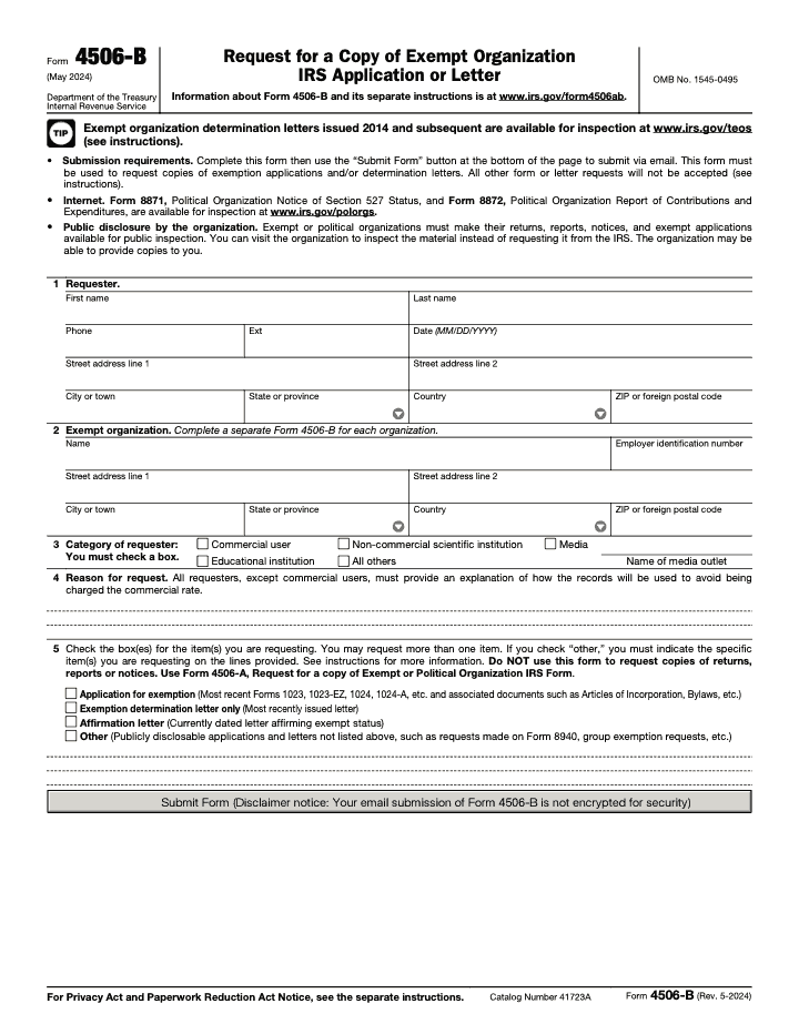 Page 1 of 1 of the official IRS Form 4506‑B PDF (Rev. May 2024)