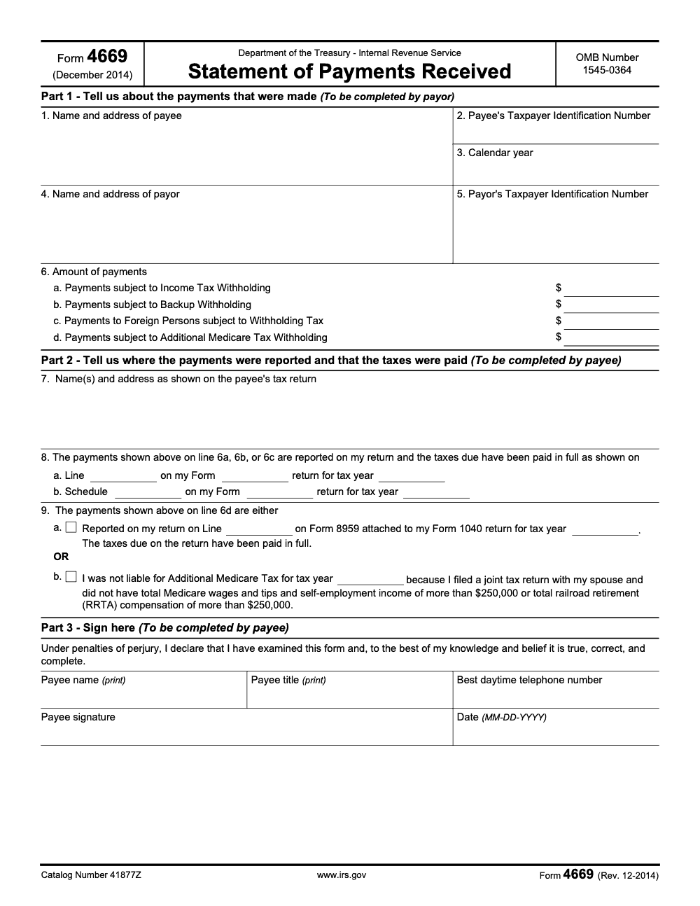 Page 1 of 3 of the official IRS Form 4669 PDF (Rev. December 2014): Parts 1, 2, 3