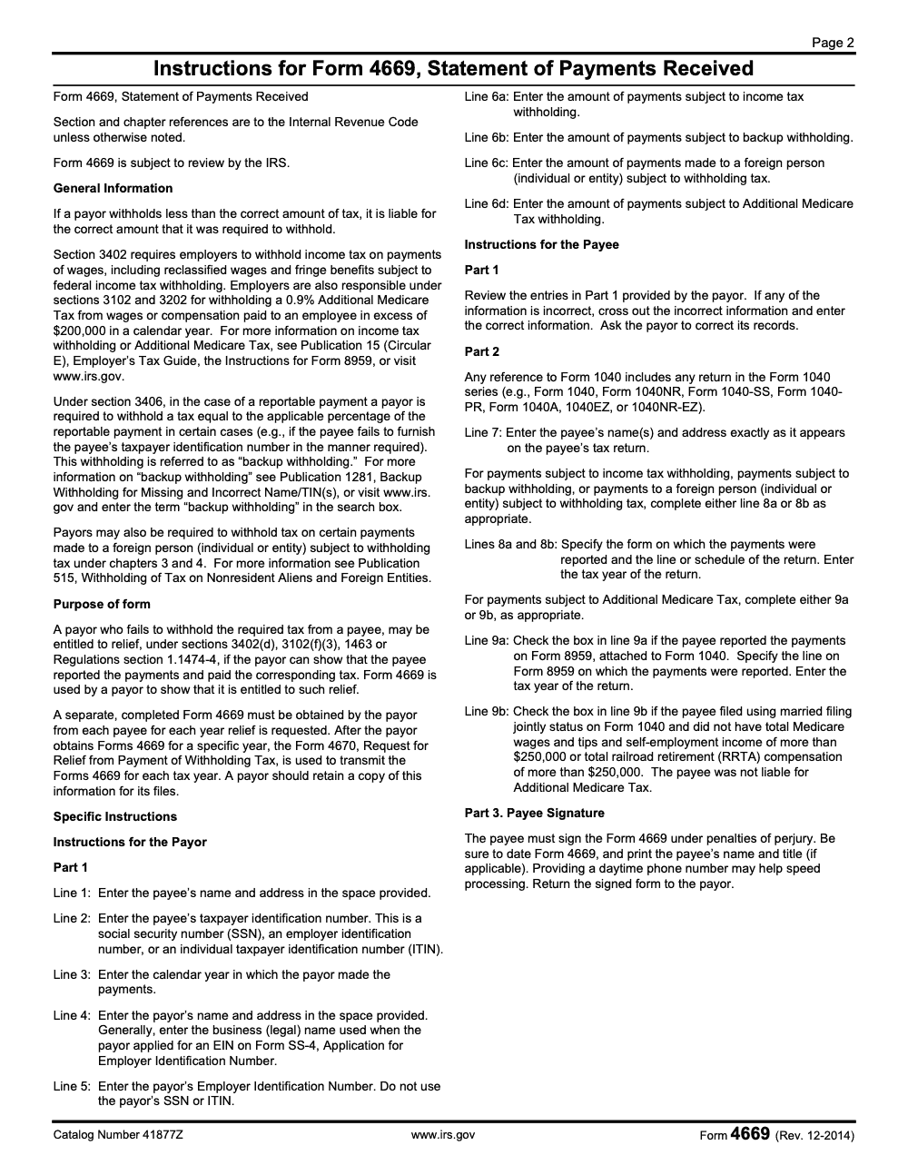 Page 2 of 3 of the official IRS Form 4669 PDF (Rev. December 2014)