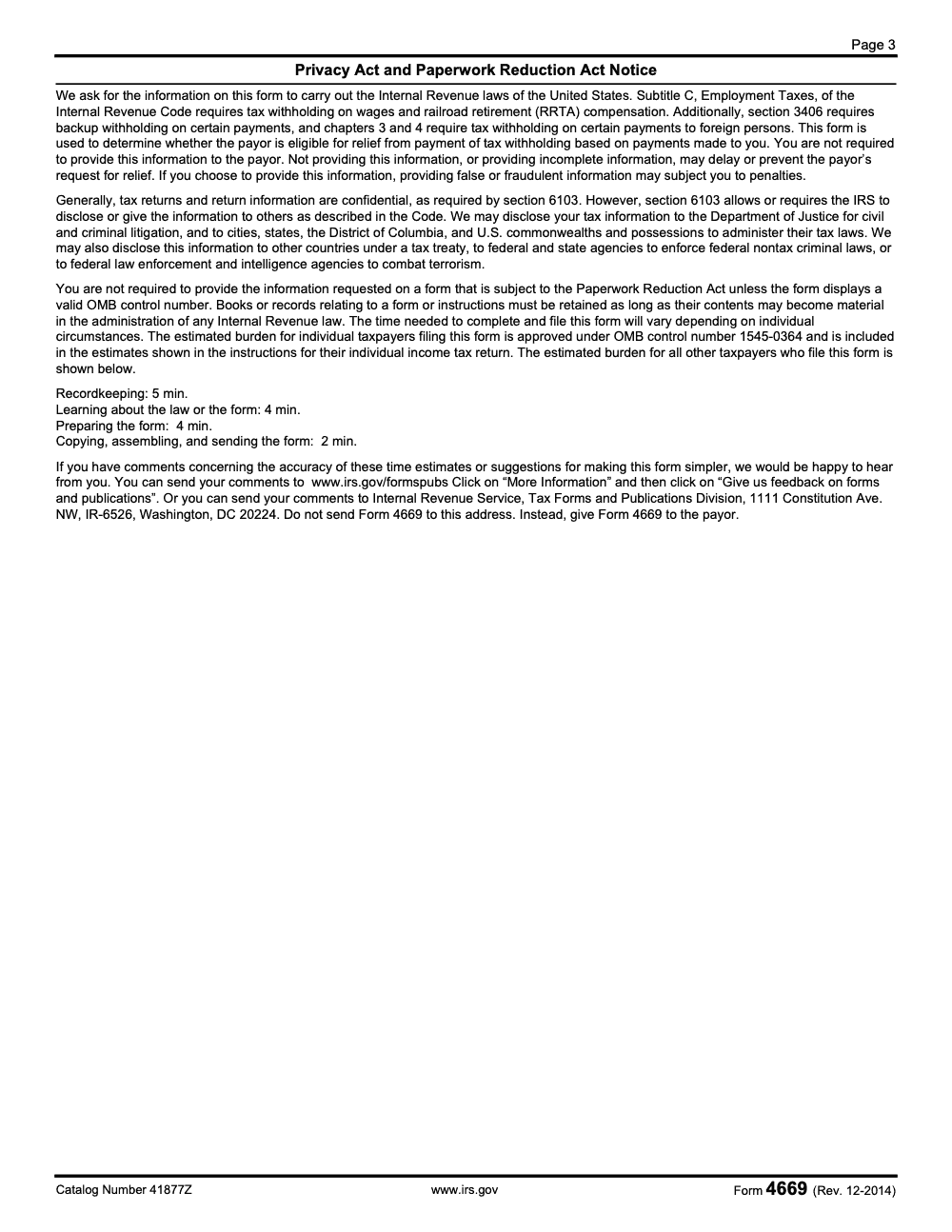 Page 3 of 3 of the official IRS Form 4669 PDF (Rev. December 2014)