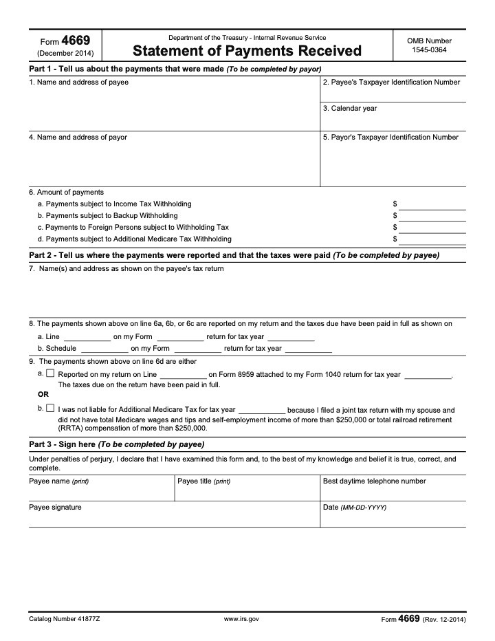 Page 1 of 3 of the official IRS Form 4669 PDF (Rev. December 2014): Parts 1, 2, 3