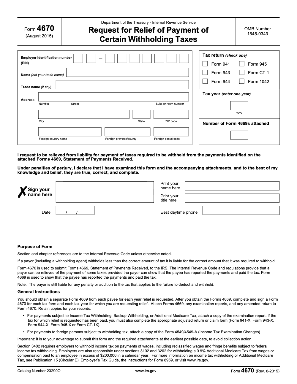 Page 1 of 2 of the official IRS Form 4670 PDF (Rev. August 2015): instructions
