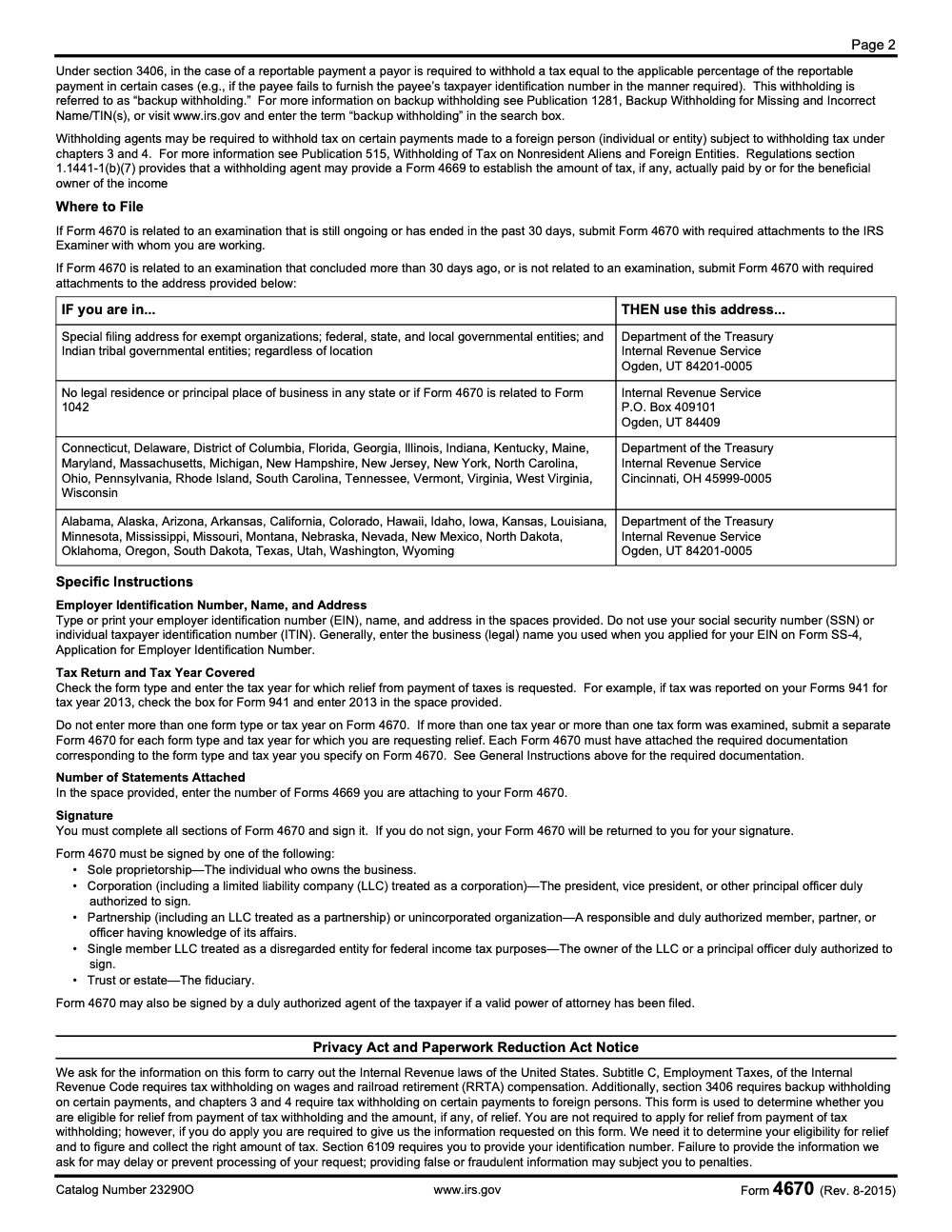 Page 2 of 2 of the official IRS Form 4670 PDF (Rev. August 2015)
