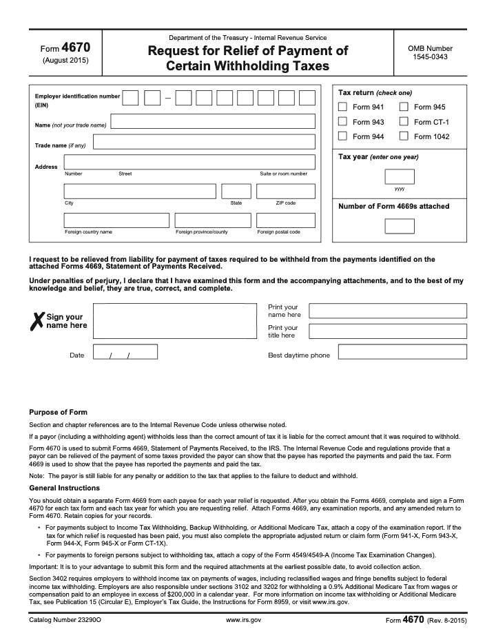Page 1 of 2 of the official IRS Form 4670 PDF (Rev. August 2015): instructions